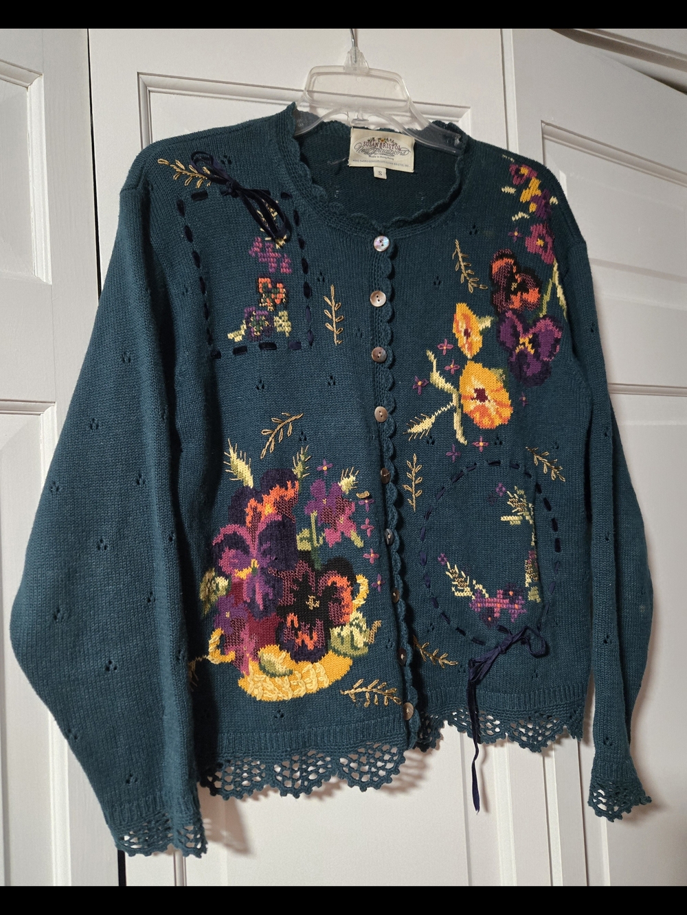 Susan Bristol Teal Floral Embroidered Button Cardigan
